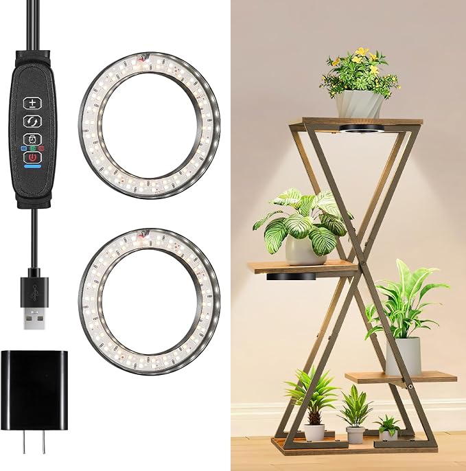 4.72in Black Indoor Plant Grow Lights, Full Spectrum Grow Lamp, 60 LEDs Warm White 2 Head Black Metal Angel Ring for Ceiling Cabinets & Shelf, 6/12/16H Timer, 3 Modes, 10 Levels