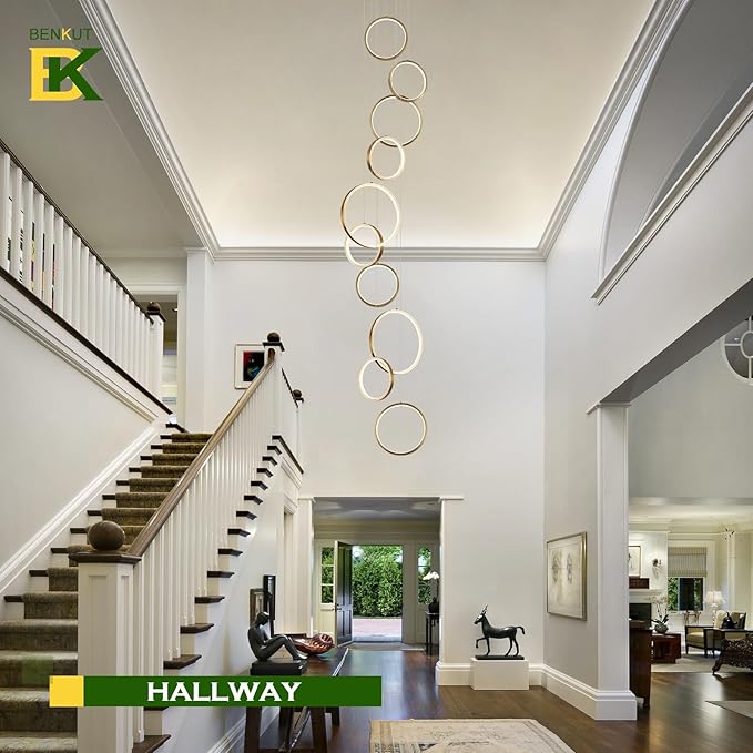 High Ceiling Chandelier 10 Ring Gold Foyer Chandeliers Entryway Long Modern LED High Ceiling Light Staircase with Remote Control for Living Dining Room (98.5in 3000K-6500K)