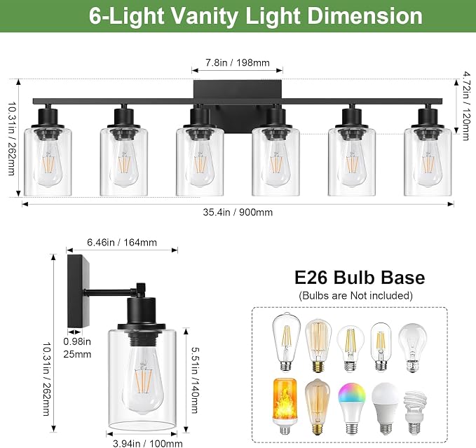Indoi 6-Light Bathroom Light Fixtures, Matte Black Modern Vanity Lights with Clear Glass Shades, Bathroom Wall Lamp for Mirror Living Room Cabinet Bedroom Porch
