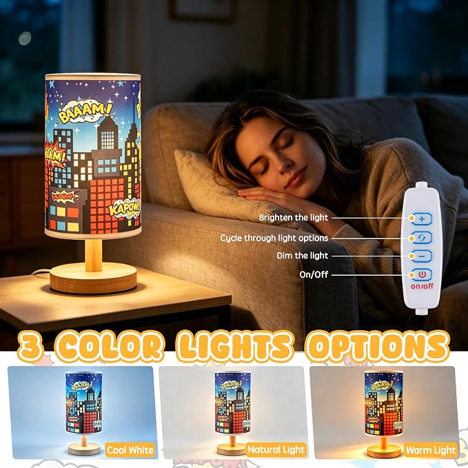 City Table Lamp for Kids Bedroom, 3-Way Dimmable Bedside Lamp with Wooden Base and Fabric Shade, Comic Book Night Light for Boys Room Decor, Cartoon Skyline Lamp for Nursery Playroom