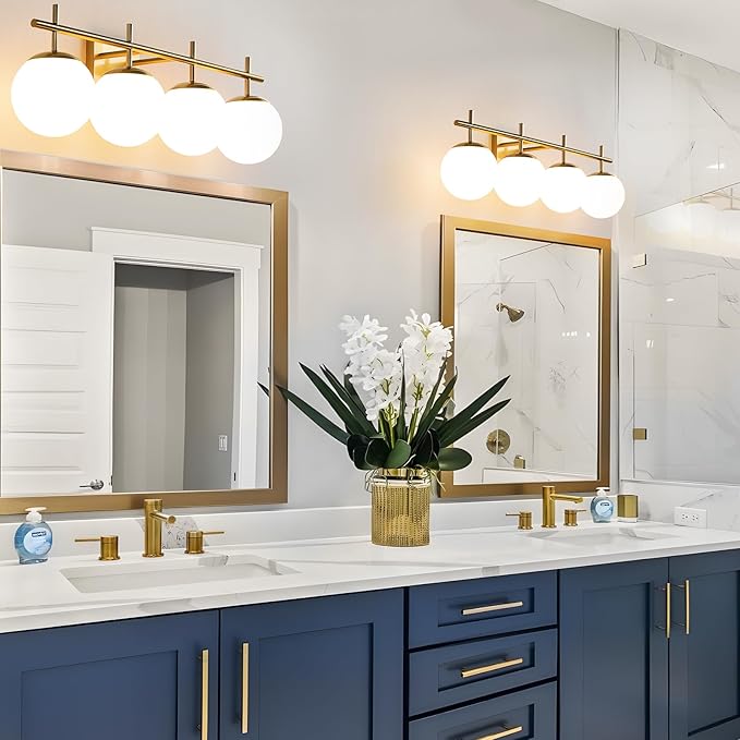 Bathroom Light Fixtures, 4-Light Brushed Gold Bathroom Vanity Lights Over Mirror, 30.7 Inch Modern Vanity Lighting with Milky White Glass Globe Shade Wall Sconce Lighting Bath