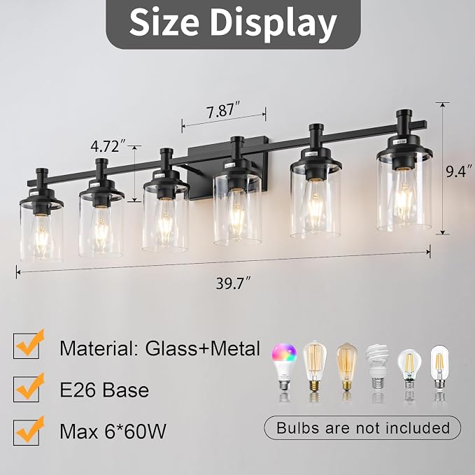 Modern Black Bathroom Vanity Lighting Over Mirror, 6 Lights with Clear Glass Shade, Metal Vanity Light Fixture for Bathroom, Bedroom, Living Room