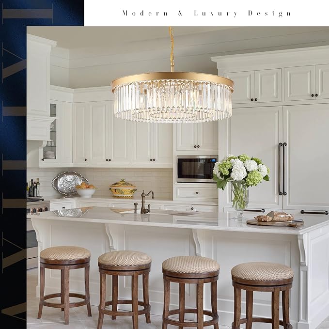 Gold Crystal Chandeliers 30" Modern Round Chandelier 12-Lights 3-Tier Crystal Ceiling Chandelier Light Fixture Brass Luxury Crystals Chandeliers for Dining Room High Ceilings Entryway Foyer