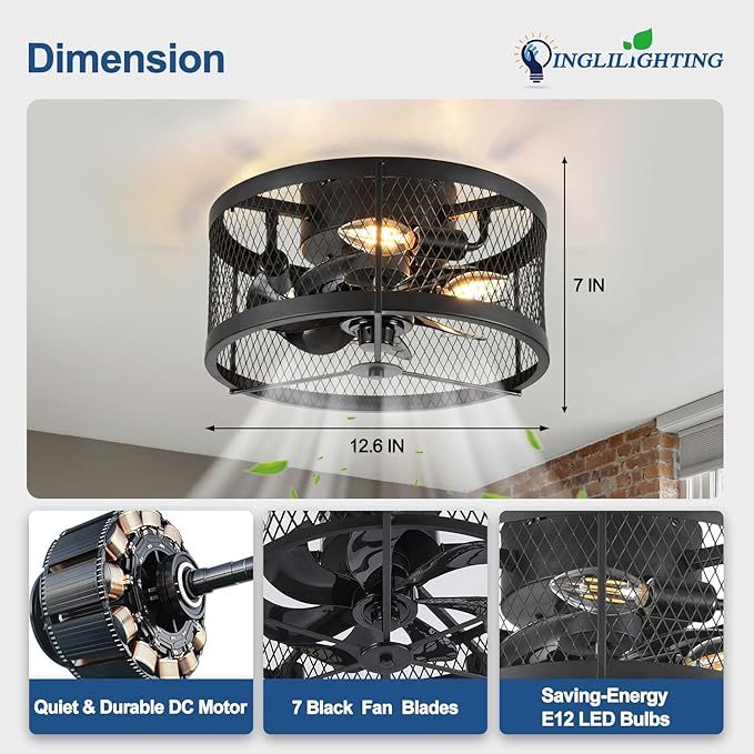 DLLT Caged Ceiling Fans with Light: 13" Small Outdoor Farmhouse Ceiling Fan with Remote App Control - Black Rustic Semi Flush Mount Bladeless Enclosed Fan for Bedroon Kitchen