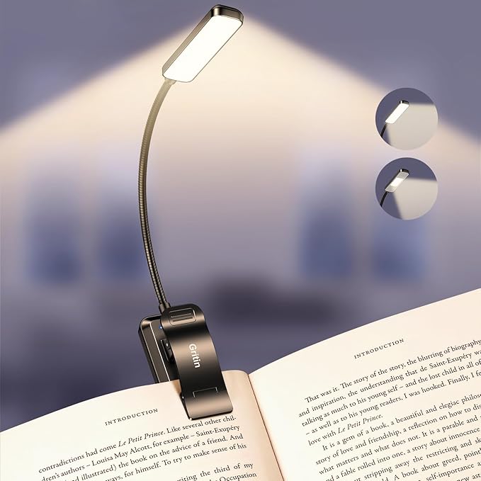 Gritin 2026 Gen 2 Book Light for Reading- 30 Eye Caring Full Spectrum LED | 5 Colors & 5 Brightness, Adjustable Wide/Narrow Beam, Upgrade 1500mAh Long-Lasting Rechargeable Clip on Light for Book Lovers