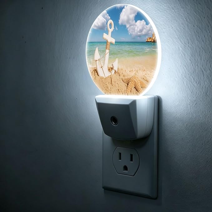 LED Night Light Summer Beach Night Lights Plug into Wall Auto on/off | Sea Wave Anchor Starfish on Sand Plug-in Night Light with Dusk to Dawn Sensor, Energy Saving Nightlight for Hallway Kitchen