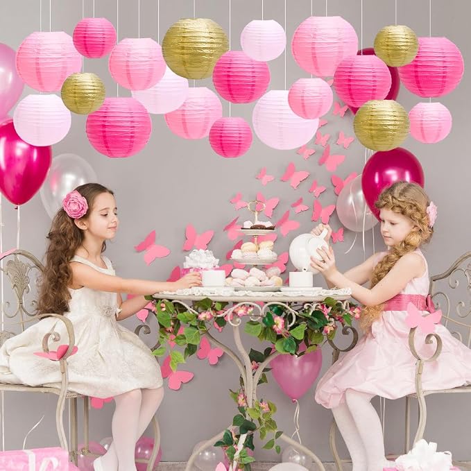 Paper Lanterns Party Decorations, Hanging Round Chinese Lanterns for Graduation Baby Shower Pink Birthday Decorations Pack of 20 Pink Gold