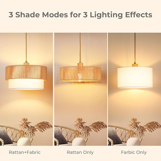 Qingmiao Boho Plug in Pendant Light, Handwoven Shade, 3 Way Bulb, 14ft Cord | Rattan Hanging Lamp Plug in, Dimmable Hanging Light Fixture for Living Room Bedroom Kitchen Ceiling Farmhouse Home Decor