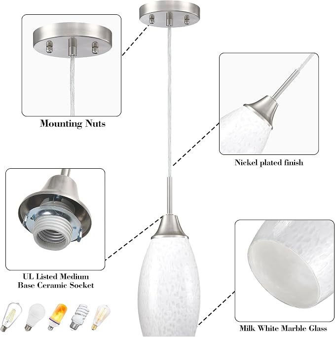 Viinew Mini Glass Pendant Light,4.72" White Glass Hanging Light | Handblown Milk White Oval Art Glass Hanging Pendant Light for Kitchen Island Dining Room Living Foyer Entry Brushed Nickel