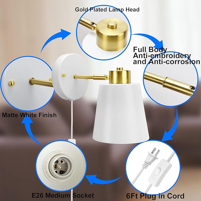 Yollzey Plug in Wall Sconces, Rotatable Angle White Wall Lamp with Plug in Cord Metal Vintage Industrial Wall Mounted Light Reading Light for Bedroom Bedside Doorway(2 Pack)