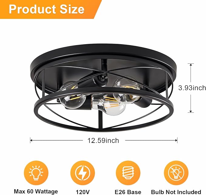 Farmhouse Light Fixtures, Black Round Metal Flush Mount Ceiling Light, 3-Light Cage Ceiling Lamp for Kitchen, Foyer, Bedroom, Hallway（Bulbs Not Included）