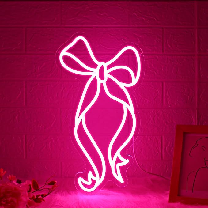 Bow Neon Sign - JGHTURIE Neon Signs for Wall Decor, Pink Bow Ribbon Light up Signs for Room, Bar, Party, Home Decor, Led Sign - USB Powered