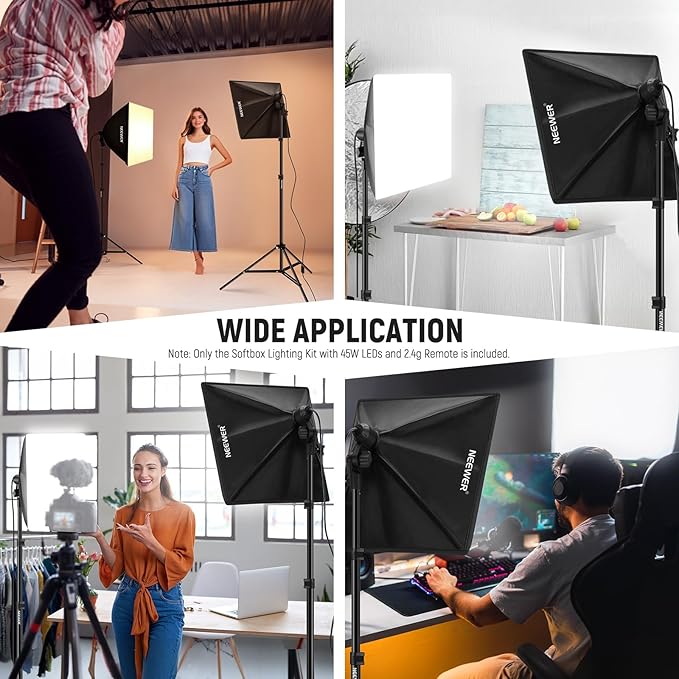 NEEWER 2Pcs 24"x24" 900W Equivalent Softbox Lighting Kit with Tripod Stands, 45W Bi Color 2.4G LED Bulbs, Remote, 10 Channels 2900K-7000K 1400lx/m CRI95, Photography Continuous Lighting Kit, NK103