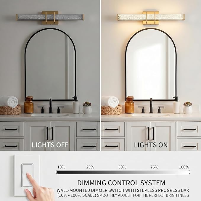 URSOLA 48" Modern LED Bathroom Light Fixtures, Golden 3CCT Dimmable Bathroom Vanity Light Over Mirror, Bathroom Vanity Bath Bar Lights with Crystal Acrylic Shade