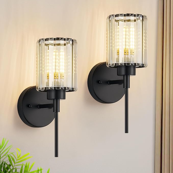Modern Wall Sconces Set of 2, Matte Black Wall Lights with Clear K9 Crystal Shades, Bathroom Vanity Lights for Bedroom, Living Room, Hallway