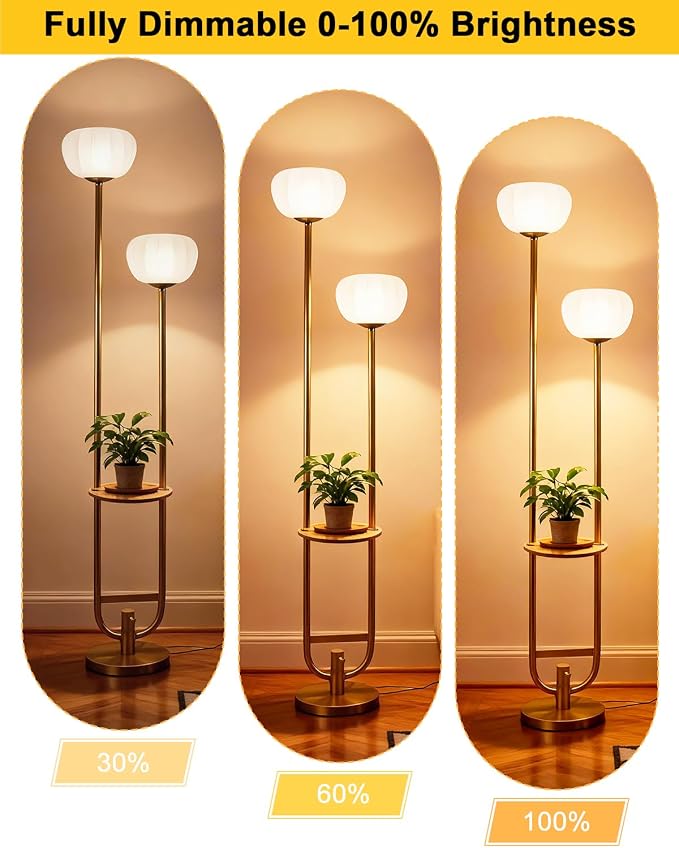 Lightdot 63IN Gold Floor Lamp Dimmable Standing Lamps with Tray Pumpkin Bulbs Included Unique U-Pole Mid Century Modern Tall Lamp with 5Lbs Heavy Base for Living Room/Party/Sofa Beside/Corner Decor