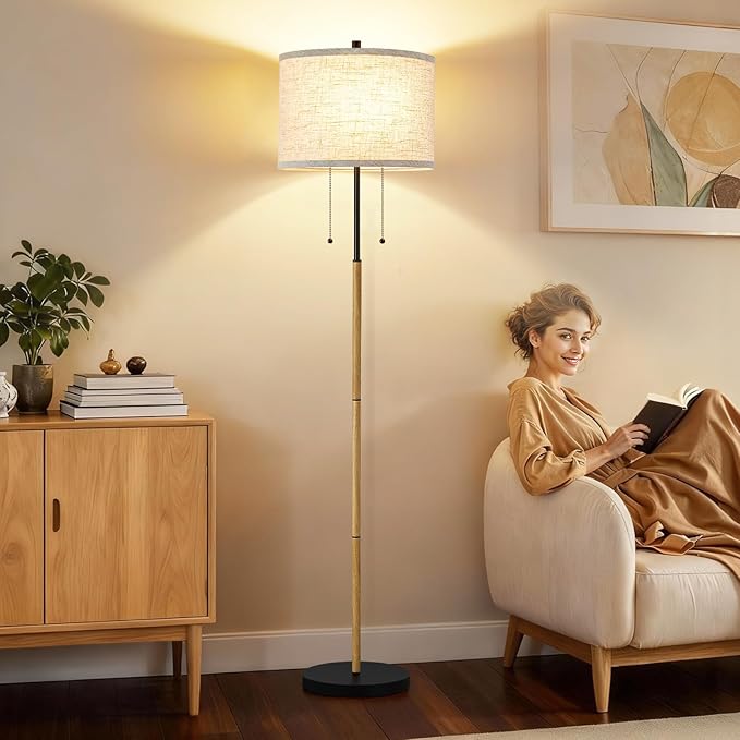 Luvkczc Floor Lamp, 62" Standing Lamp Tall Lamp with Fabric Lampshade&Pull Chain Corner Floor Lamps for Living Room, Bedroom,Office Corner (Wood Grain 2 Bulb Socket)