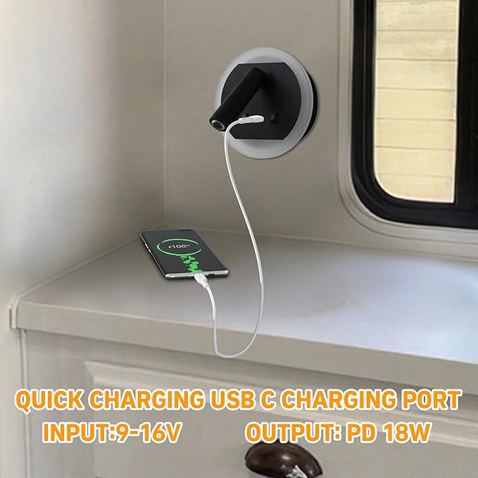 Facon 12V RV Wall Sconce Reading Light with w/18W USB-C Fast Charger, 270° Rotatable Spot Lights with Independent Switches, RV Interior Light for Bedroom, Camper, Trailer, Tiny Homes