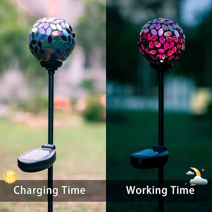 VCUTEKA Decorative Solar Garden Lights, 3.5" Mosaic Globe Outdoor Stake | Mosaic Glass Globe Design, Solar LED Light, Waterproof Design, Auto On/Off and Metal Stake Design for Lawn and Patio