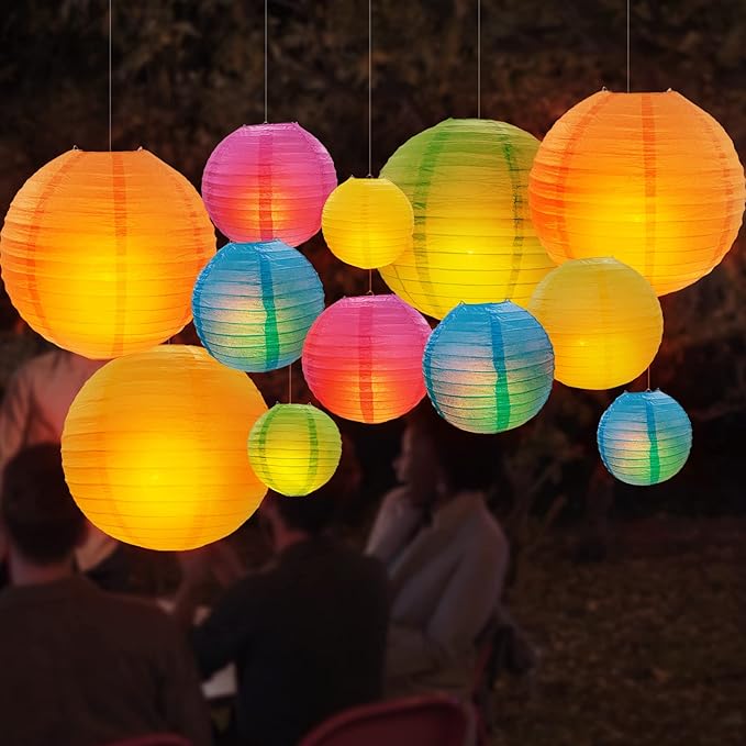 DazzLiteer 12pcs Colorful Paper Lanterns with LED Light, Decorations Round Hanging Paper Lantern Lamps for Birthday, Wedding, Party, Home Decorations (Size of 8”, 10”, 12”)