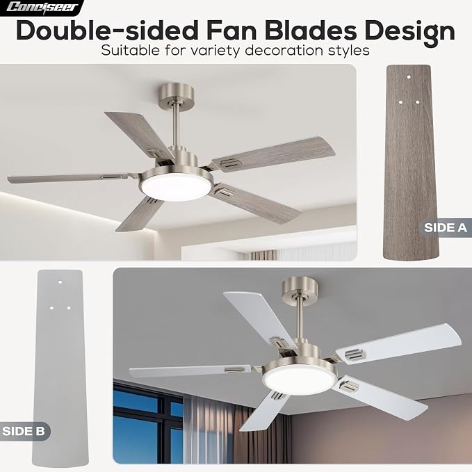 Conciseer 52 Inch Ceiling Fans with Lights and Remote for Bedroom Living Room Kitchen Office, Indoor/Outdoor Use, 6CCT Dimmable, 5 Blades, 6 Speed Reversible Quiet DC Motor, Sand-nickel/Wood Grain