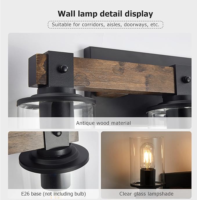 DUJAHMLAND Farmhouse Vanity Light Fixture,3-Light Bathroom Wood Wall Light Over Mirror with Clear Glass Shade, Rustic Vintage Wall Sconce Lighting.(Antique Wood, 3-Light)