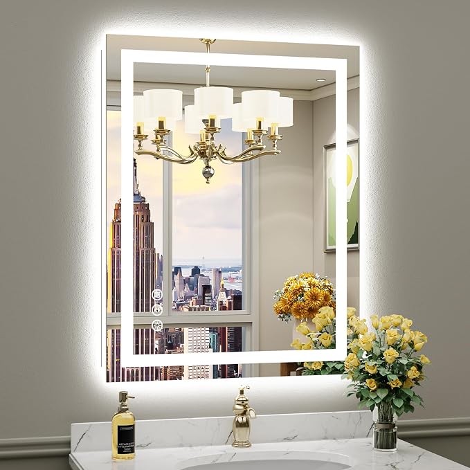 28x36 Inch LED Bathroom Mirror with Lights, Backlit & Front Lit | Anti-fog, 3 Color Dimmable, Memory Function, HD Reflection Tempered Glass, ETL Listed, IP54 Waterproof