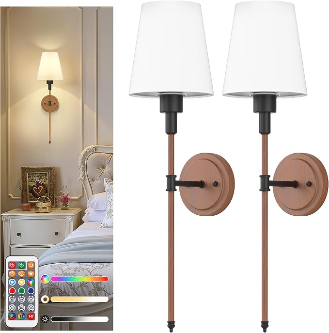 Battery Operated Wall Sconce: Set of 2 Wireless Wall Light 12000mAh | 15 Color Rechargeable Wall Sconces, Sconce Wall Decor Set of 2 for Bedroom, Living Room, Gold, 24.6in