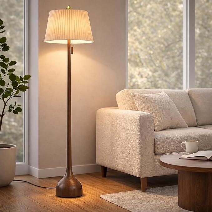 MOFFE Mid Century Modern Real Wood Floor Lamp with 2 Shades for Two Looks | 65" Tall,Sculptural Teardrop Base,Wooden Pull Chain,Vintage Standing Lamp,Linen Shades,Living Room,Bedroom, Bulb Included
