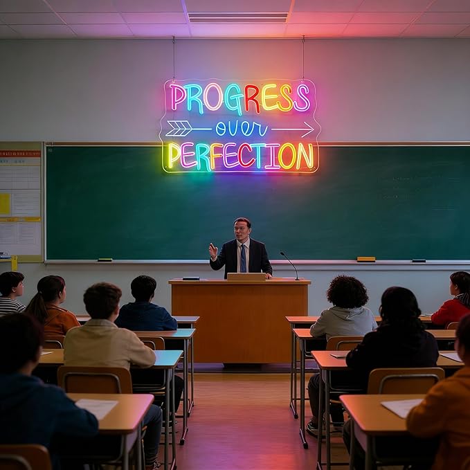 Progress Over Perfection Neon Sign, LED Neon Light Signs for Wall Decor Dimmable Inspirational LED Light Up Sign for Classroom Office Bedroom Library Study Room Kids Room Decorations