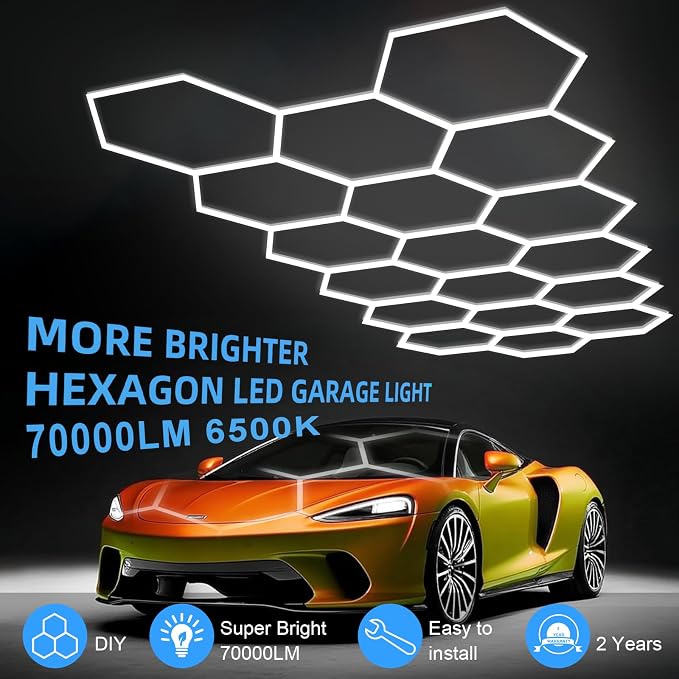 MODERN 18Grids Hexagon Garage Light: 72Pack 574W 70000LM High Brightness Hexagon Garage Lights-Easy Install Honeycomb Ceiling Lights for Warehouse, Gym Basement, Exhibition Hall