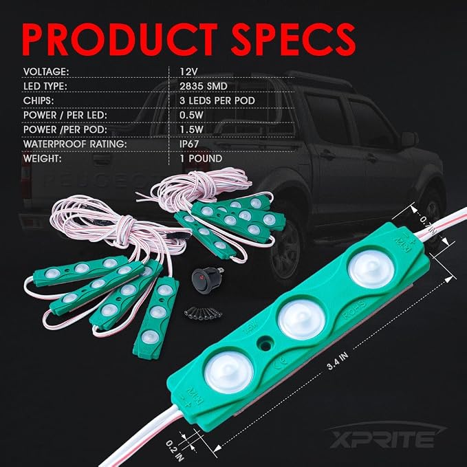 Xprite Green LED Truck Bed Light Kits with On/Off Switch, for Pickup Exterior Interior Lights Strips, Footwells, Running Boards, Cargo, Under Car, Tonneau Cover, Rail Rock Lighting - 8 PCs