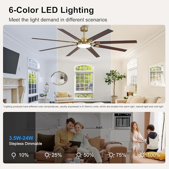 80 Inch Ceiling Fans with Lights and Remote, Bedroom Living Room Office Library Cafe Outdoor Industrial, 5CCT Dimmable, Dual Color 8 Blades, 6 Speed Reversible Quiet DC Motor, Gold/Wood Grain