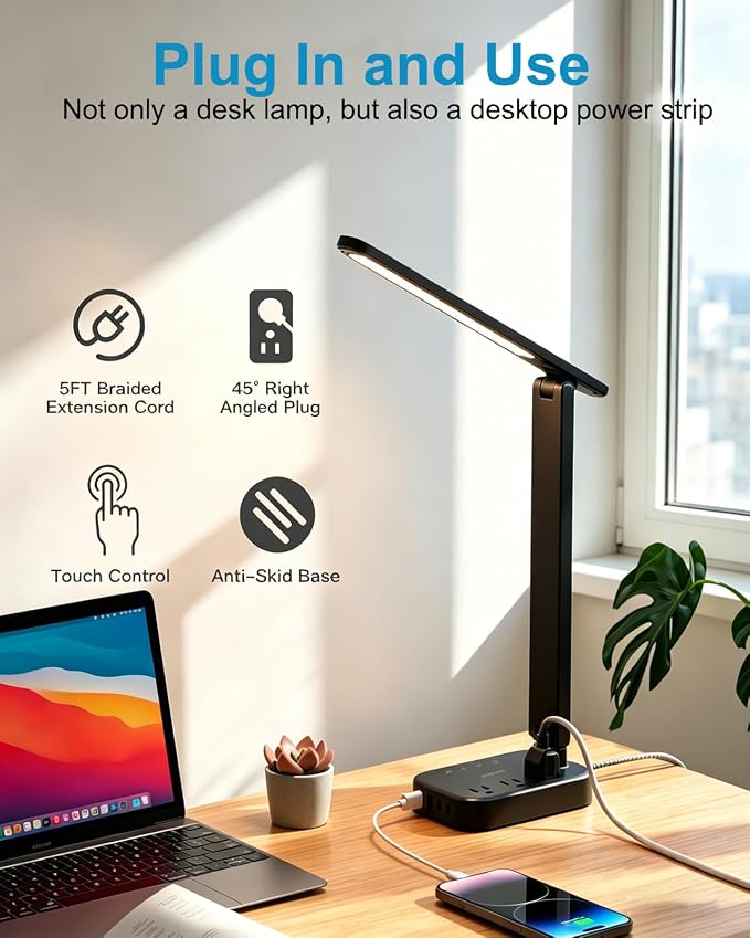 LED Desk Lamp Power Strip with 4 USB 3 Outlets, Dorm Room Essentials, Black | One Beat 4 Modes 5 Level Brightness Touch Lamp, Small Desk Lamp for Home Office College Dorm Essentials, Study Reading Light