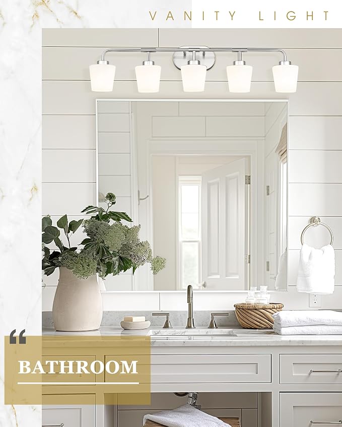 Bathroom Light Fixtures Over Mirror, 5-Light Brushed Nickel Vanity Lighting Fixtures with Milk White Glass, 38inch Farmhouse Wall Sconces Lighting, AD-22004-5W-SN