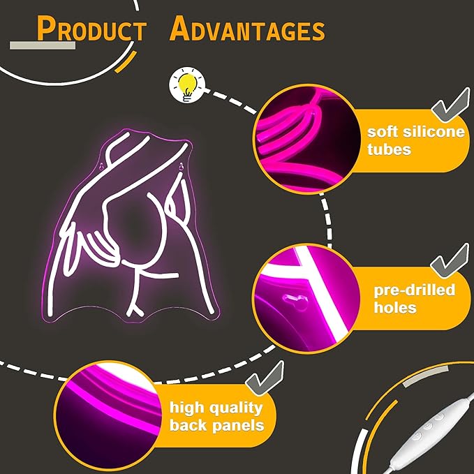 Pretty Ladies Body Neon Sign, Woman Body Neon Light,Lady Buttocks Neon Sign, Aesthetic Pink Ass Line Art Neon Light, USB Powered for Bachelor Club Garage Party Bedroom Bar Shop Logo Business Signs