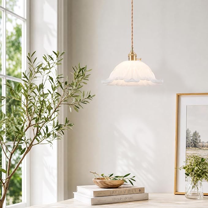 Plug in Pendant Light Fixtures,Hanging Light Fixture Corded On/Off Switch,11 inch E26 White Glass Lampshade Pendant Lighting for Kitchen Island, Bedroom, Dining Room
