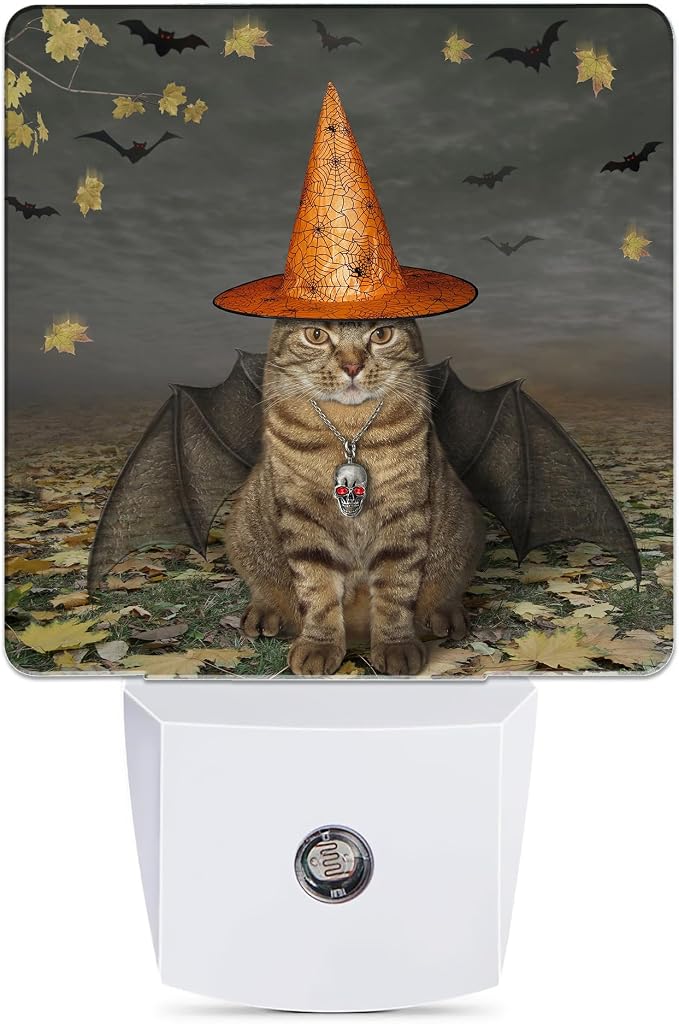 Halloween Decorations Cat Night Light, Bat Wings Plug into Wall with Dusk to Dawn Light Sensors, Warm Nightlights for Bedroom, Bathroom, Hallway, Kitchen, Gifts Ideal for Boys Girls Women Men