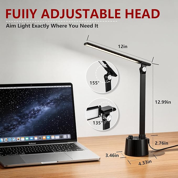 BOHON Small Desk Lamp with USB C Charging Port 5 Colors Stepless Dim Black | Reading Light Space-Saving Rotating Head Desk Lamp for Home Office College Dorm Room Bedside Table Bedroom
