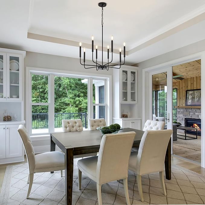 Modern Black Chandelier for Dining Room,Metal 8-Light Kitchen Light Fixtures, Farmhouse Candle Hanging Pendant Light for Living Room Entryway Foyer Bedroom (Bulbs Not Included)