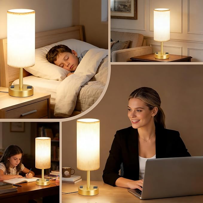 MOICO Bedside Table Lamp for Bedroom, 3-Way Dimmable Nightstand Lamp with USB C, USB A Ports & AC Outlet, Small Table Lamp Fabric Shade for Living Room Dorm Office, LED Bulb Included (14in Gold)