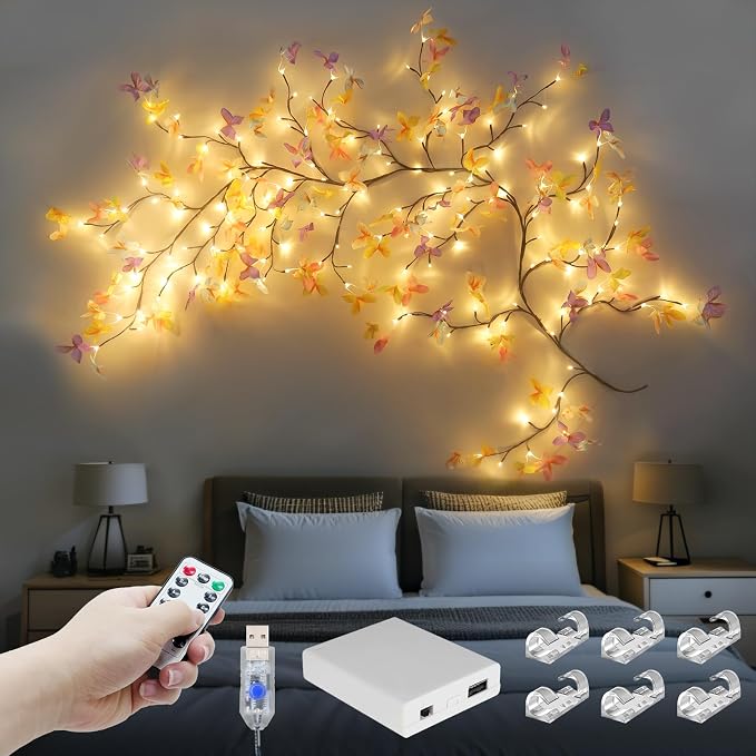 FNHMSL Butterfly Enchanted Willow Vine Lights, 4FT 48LED 3 Color Butterfly Blossom Tree Branch Lights for Wall with USB Battery Box, Remote Timer,8 Light Model, Bedroom Wall Doors Wedding, Christmas | 3 Color USB Butterfly Enchanted Willow Vine Lights ...