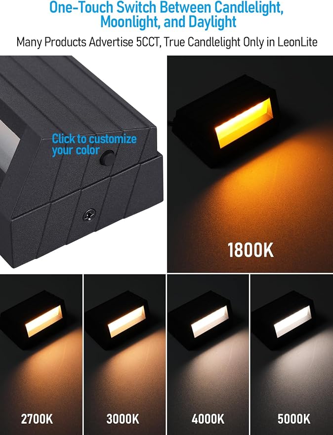 LEONLITE 4-Pack 4 Inch 5CCT Low Voltage LED Fence Lights 3W LED Deck Lights | 1800K/2700K/3000K/4000K/5000K, CRI90, 12-24V AC/DC, Landscape Step Railing Light, IP65, UL Listed Cord, Black, Aluminum