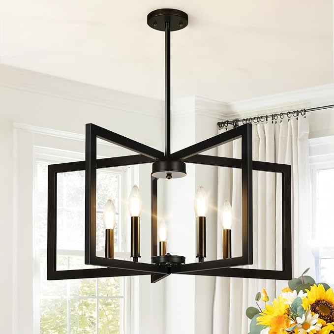 25"-61" Height Adjustable Modern Matte Black Chandelier for Dining Room, No Assembly Required Black Dining Room Light Fixture Over Table, Industrial Metal Pendant Lights Fixture for Kitchen Island