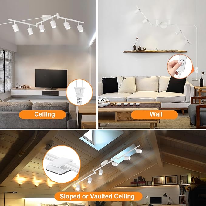 Plug in Track Lighting Kit, 120cm LED 6 Light Kitchen Track Lighting, Corded Wall Light with 16.4ft Cord, 6 Way Ceiling Spot Lighting Flexibly Rotatable Head Includes 6 x GU10 Bulb (6-White-120cm)