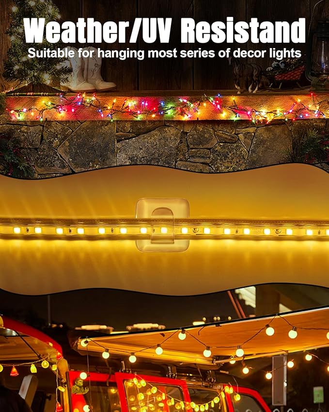 LZC 50 Pack Clear Adhesive Strips Hooks for Outdoor String Lights Clips | Large Square Heavy Duty Waterproof Sticky Light Hook Outside Hanging Rope Christmas Light Cable Cord Holders Organizer