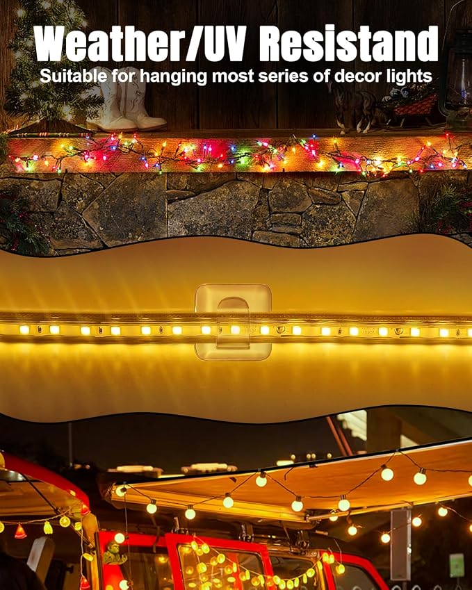 LZC 25 Pack Clear Adhesive Strips Hooks for Outdoor String Lights Clips | Large Square Heavy Duty Waterproof Sticky Light Hook Outside Hanging Rope Christmas Light Cable Cord Holders Organizer