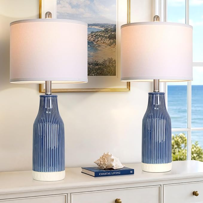 24.5" Blue Ceramic Table Lamps Set of 2 for Bedroom, Modern Table Lamps for Living Room End Table, Small Farmhouse Bedside Lamps for Nightstands (2 LED Bulbs Included)