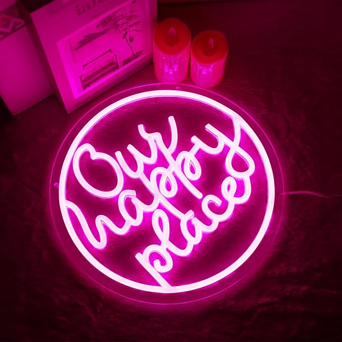 Our Happy Place Neon Sign Happy Place Neon Signs for Wall Decor，LED Signs for Bedroom Living Room Man Cave Home Bar Birthday Party Game Zone Decor Neon Classroom Signs