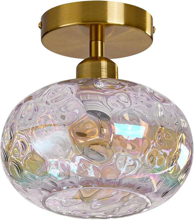 7.9″ Vintage Small Rainbow Semi Flush Mount Hallway Ceiling Light ,2 Pack | Art Deco Stained Hammered Glass,Whimsical,Gold Mid Century Light Fixtures for Closet Cottage Entryway Laundry Room Foyer